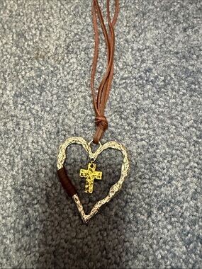 Source Unknown Brown Leather Heart Necklace with Gold Cross Pendant